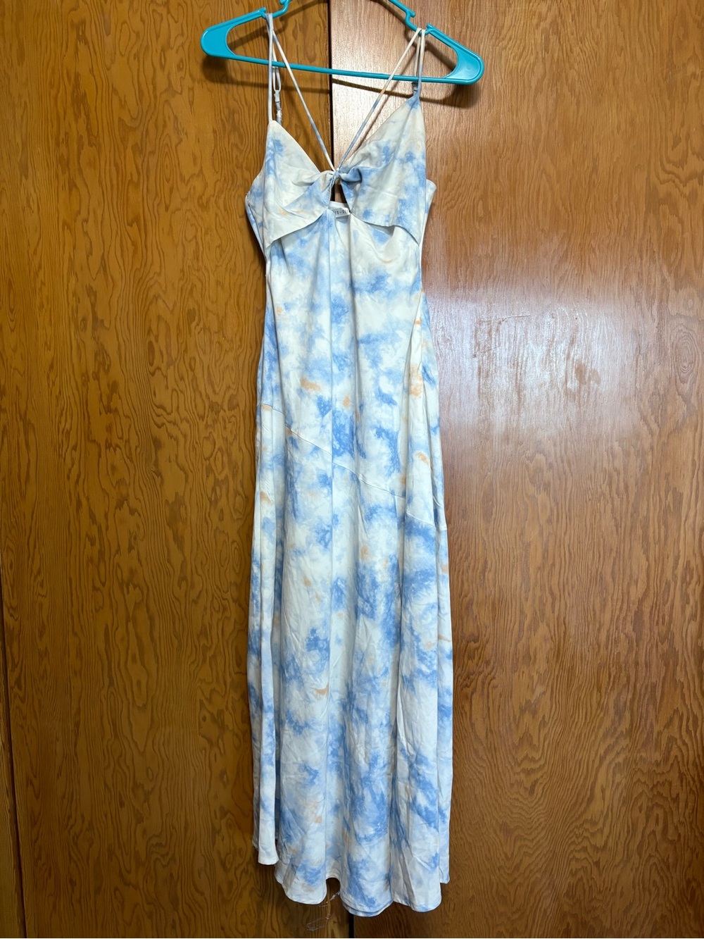 Blue and Cream Tie-Front Maxi Dress with Spaghetti Straps